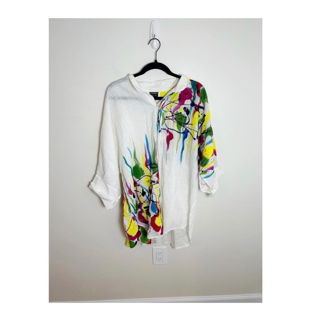 Dilemma Button Down Women OS White Paint Splatter Organic Cotton Oversized Shirt - Picture 4 of 8